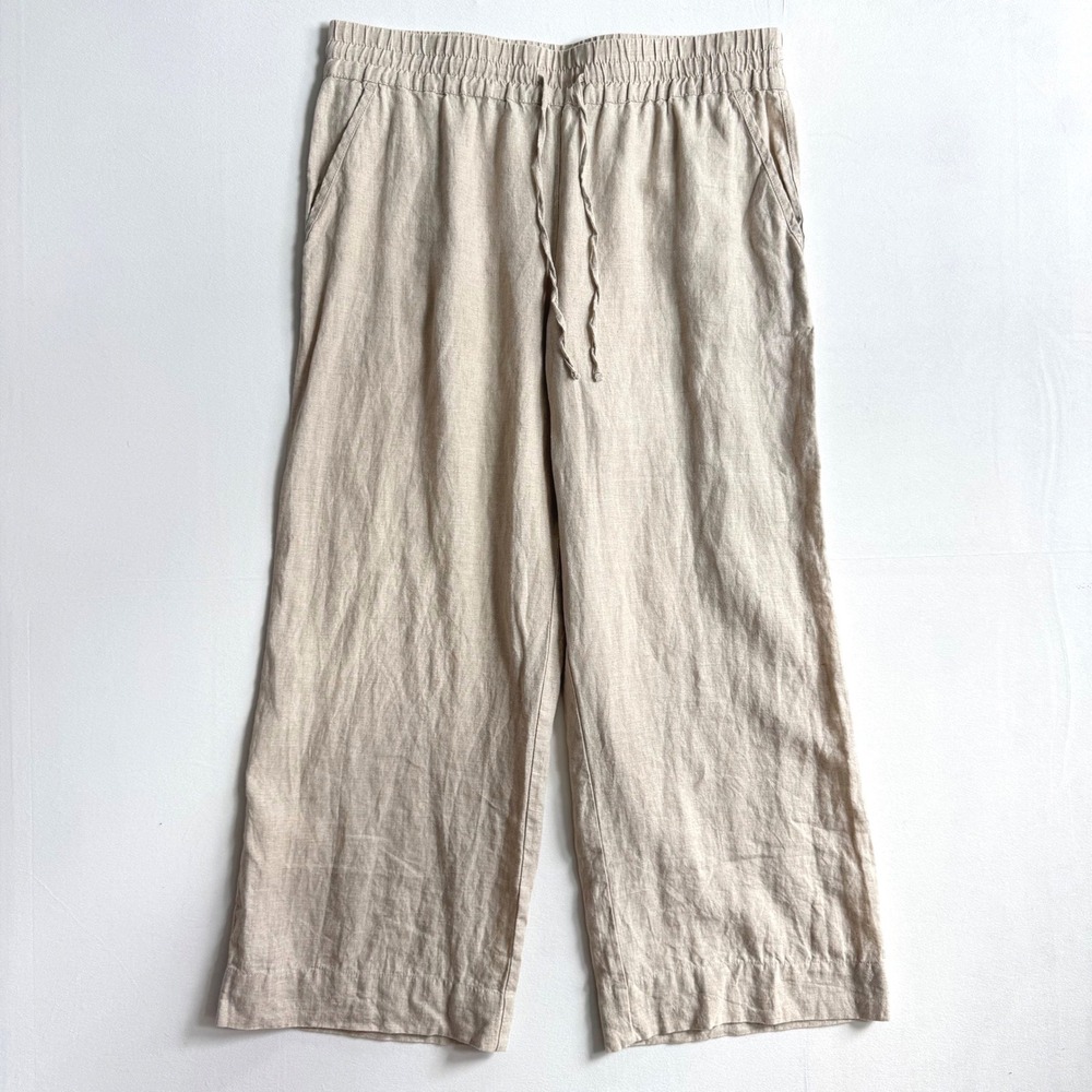 Tommy Bahama Womens 100% Linen Wide Leg Drawstring Pants Oatmeal Beige Size L